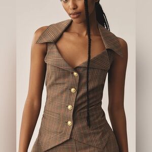 Anthropologie Maeve Plaid Collared Vest Gold Accents Tailored Coquette Chic